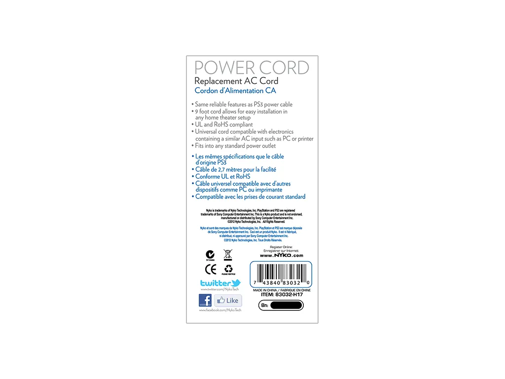 Nyko Power Cord câble alimentation PS3 fat 2,7 m